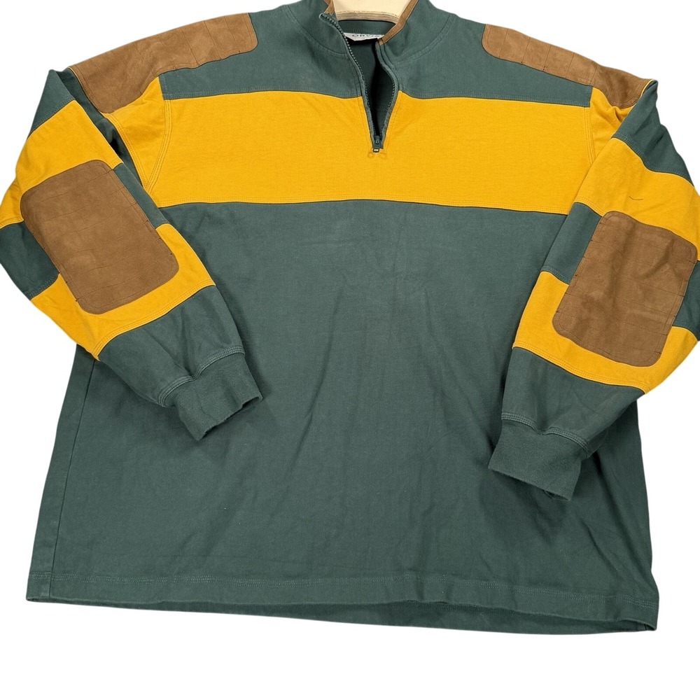 Orvis Mens XL Quarter Zip Pullover Green Yellow Shooting Shoulder Elbow Patches